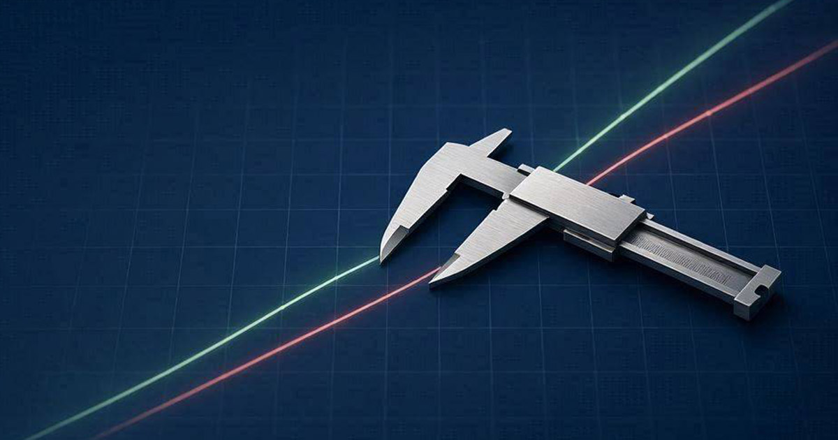 Precision caliper measuring a line graph, illustrating closing line value measurement